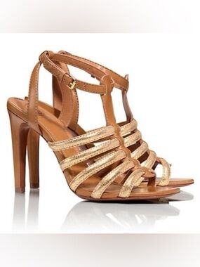Tory Burch Leather Charlene Women's Tan and Gold Gladiator Heel Sandals size 7.5